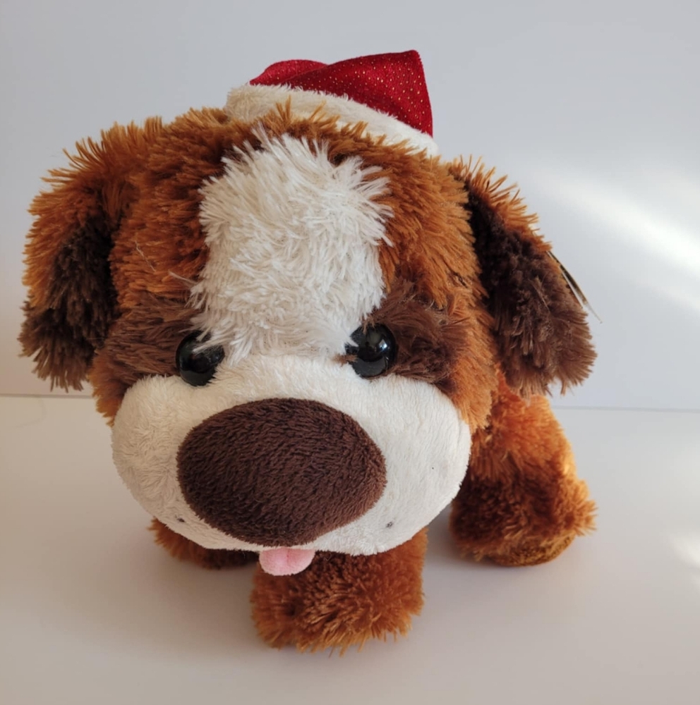 Plush Dog Toy with Santa Hat - Brown and White Stuffed Animal